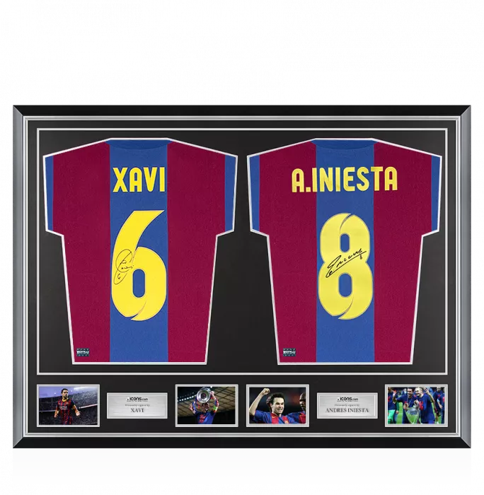 icons Xavi & Andres Iniesta Signed FC Barcelona Shirts In Classic Dual Frame