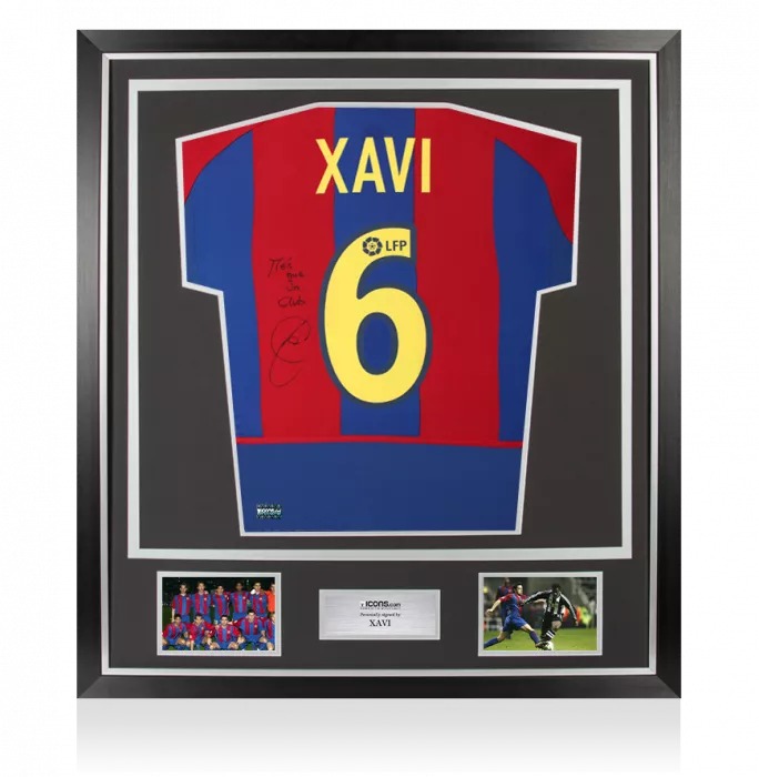 icons Xavi Back Signed FC Barcelona 2002-03 Home Shirt - "Mes Que Un Club" Inscription In Classic Frame