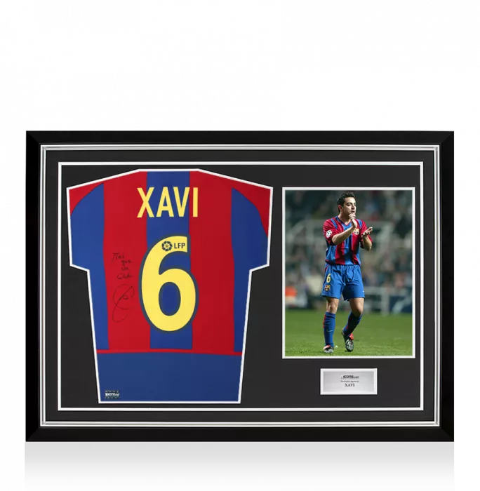 icons Xavi Back Signed FC Barcelona 2002-03 Home Shirt - "Mes Que Un Club" Inscription In Hero Frame: Option 1