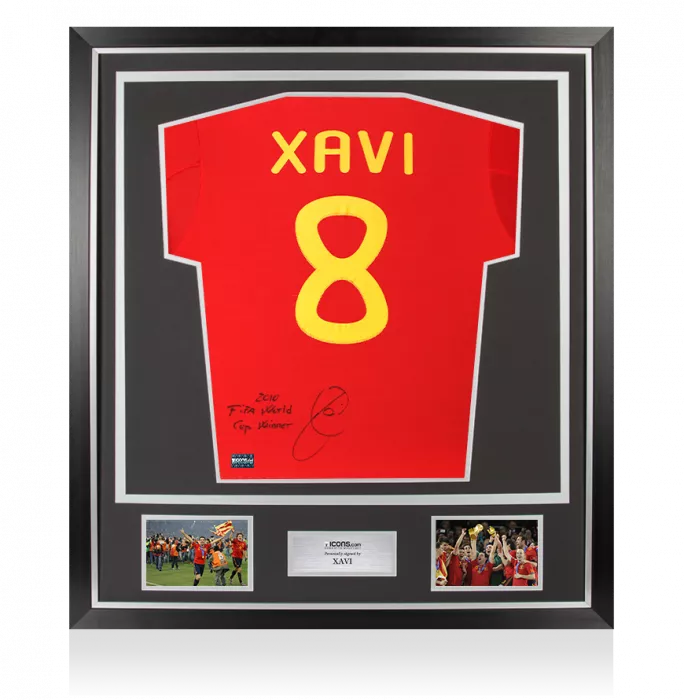 icons Xavi Back Signed Spain 2010 Home Shirt - "2010 FIFA World Cup Winner" Inscription In Classic Frame