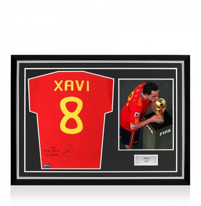 icons Xavi Back Signed Spain 2010 Home Shirt - "2010 FIFA World Cup Winner" Inscription In Hero Frame: Option 1