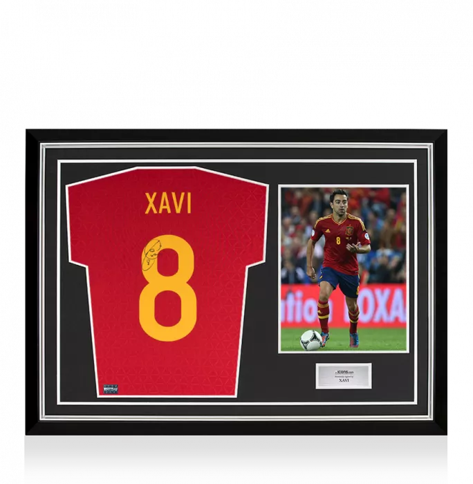 icons Xavi Back Signed Spain 2016-17 Home Shirt In Hero Frame: Option 1