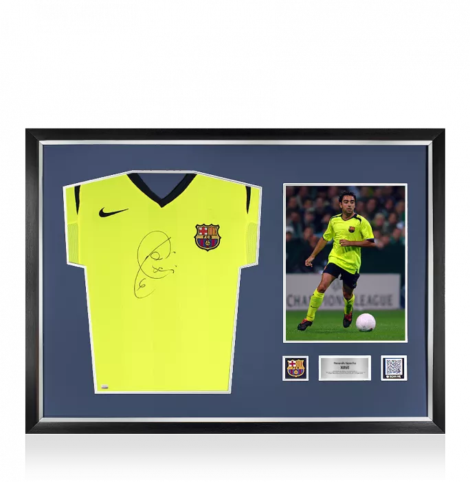 icons Xavi Front Official FC Barcelona Signed and Framed 2005-06 Away Shirt