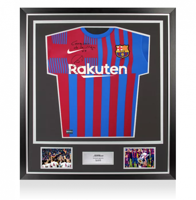 icons Xavi Front Signed FC Barcelona 2021-22 Home Shirt - "Campions De La Liga x8" Inscription In Classic Frame