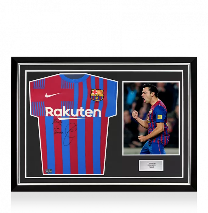 icons Xavi Front Signed FC Barcelona 2021-22 Home Shirt - "Made In La Masia" Inscription In Hero Frame: Option 1