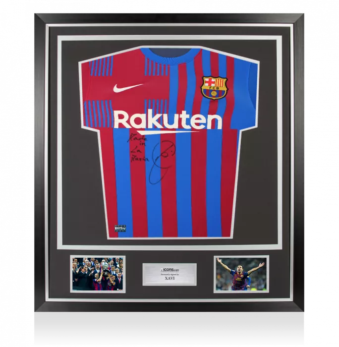 icons Xavi Front Signed FC Barcelona 2021-22 Home Shirt - "Made In La Masia" Inscription In Classic Frame
