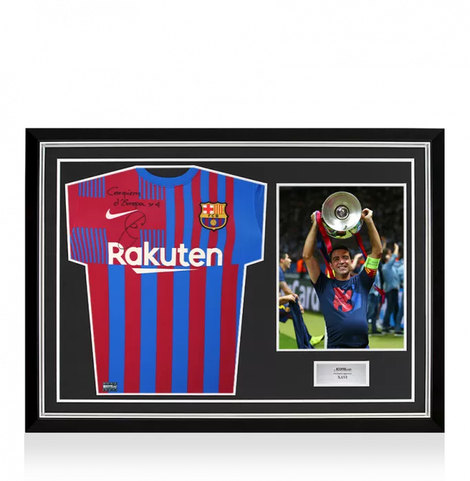 icons Xavi Front Signed FC Barcelona 2021-22 Home Shirt - "Campions d'Europa x4" Inscription In Hero Frame: Option 1
