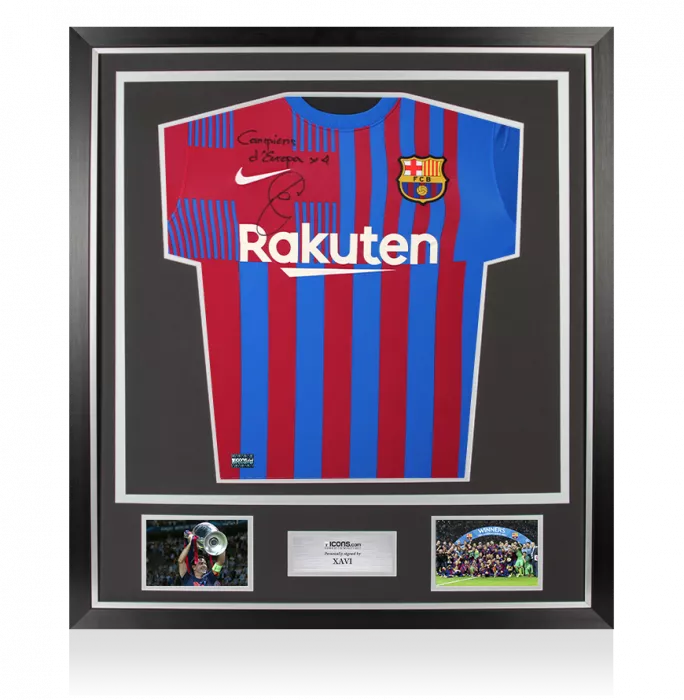 icons Xavi Front Signed FC Barcelona 2021-22 Home Shirt - "Campions d'Europa x4" Inscription In Classic Frame