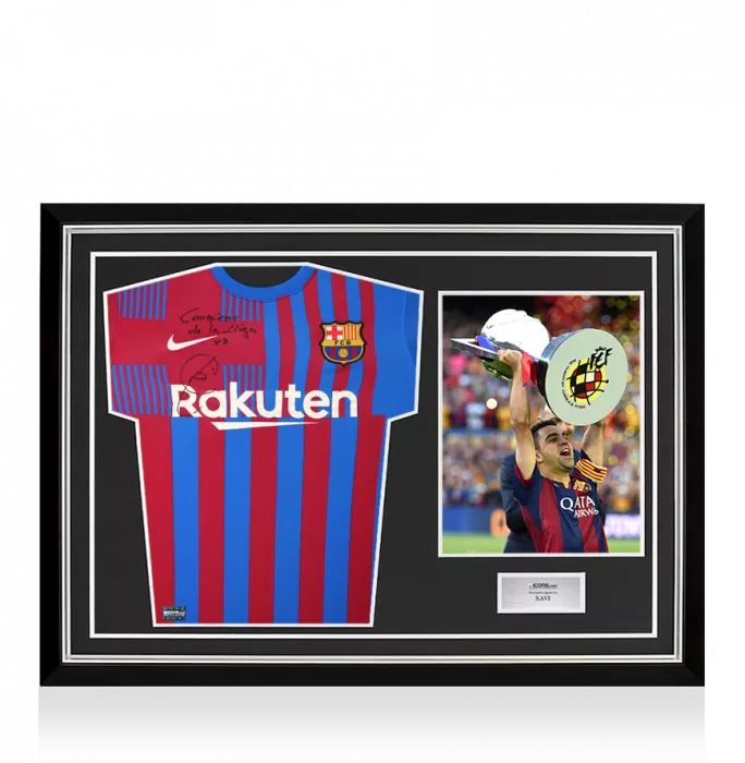 icons Xavi Front Signed FC Barcelona 2021-22 Home Shirt - "Campions De La Liga x8" Inscription In Hero Frame: Option 1