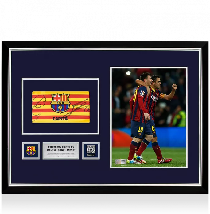 icons Xavi & Lionel Messi Official FC Barcelona Signed and Framed Branded Captain's Armband
