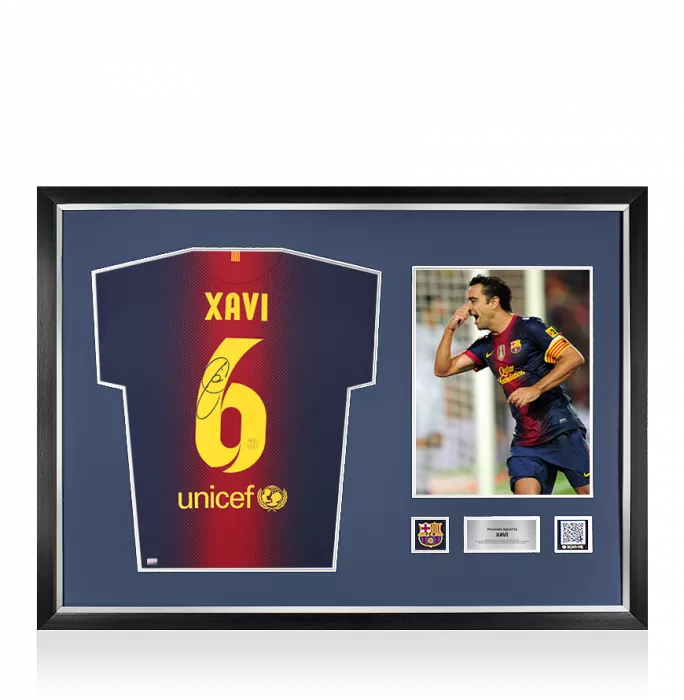 icons Xavi Official FC Barcelona Back Signed and Framed 2012-13 Home Shirt
