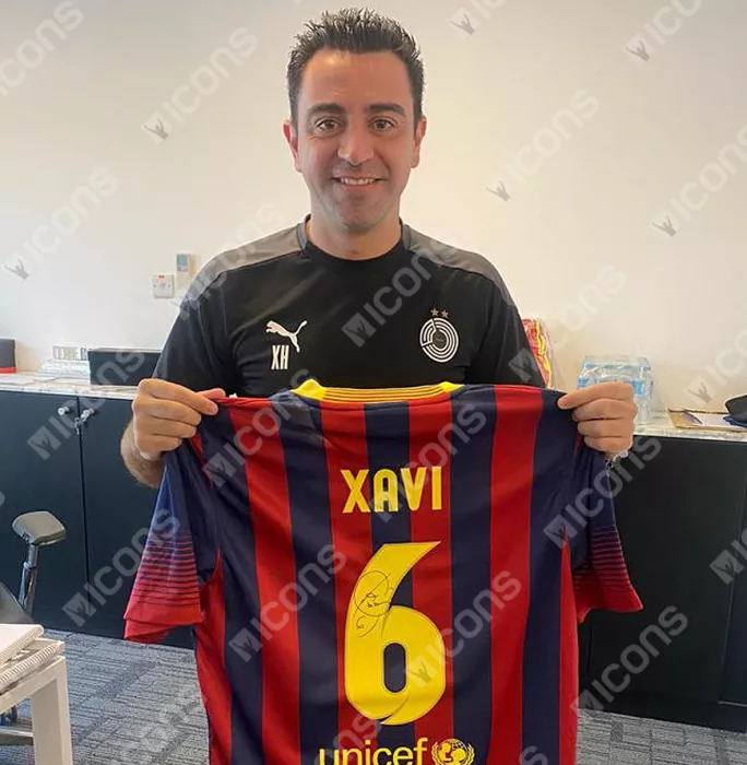 Icons Xavi Official FC Barcelona Back Signed And Framed 2013-14 Home Shirt
