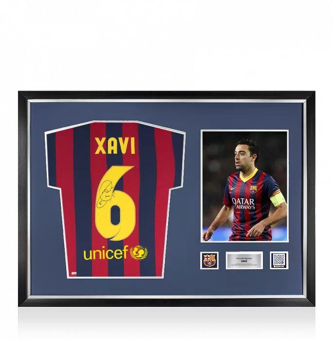 icons Xavi Official FC Barcelona Back Signed and Framed 2013-14 Home Shirt