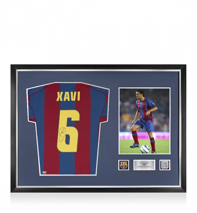 icons Xavi Official FC Barcelona Back Signed and Framed 2004-05 Home Shirt Fan Style With Fan Style Number
