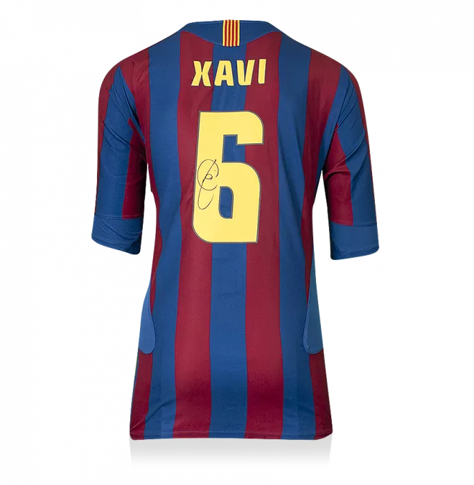 Icons Xavi Official FC Barcelona Back Signed And Framed 2005-06 Home Shirt Fan Style With Fan Style Number