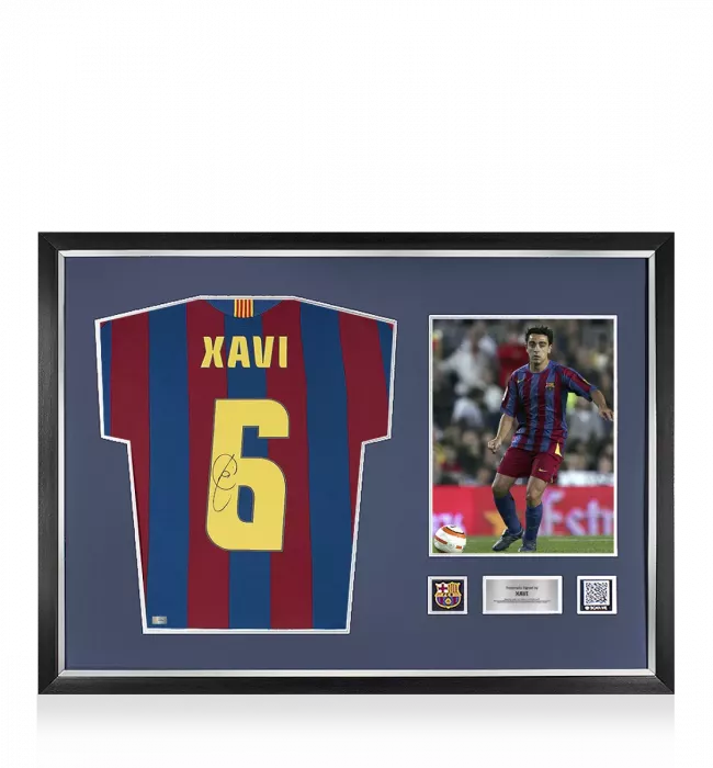 icons Xavi Official FC Barcelona Back Signed and Framed 2005-06 Home Shirt Fan Style With Fan Style Number