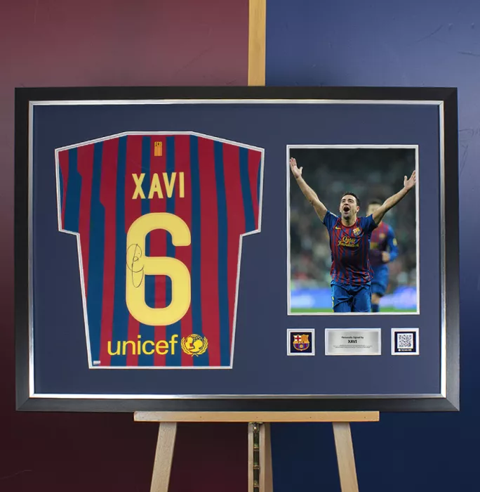 Icons Xavi Official FC Barcelona Back Signed And Framed 2011-12 Home Shirt With Fan Style Number