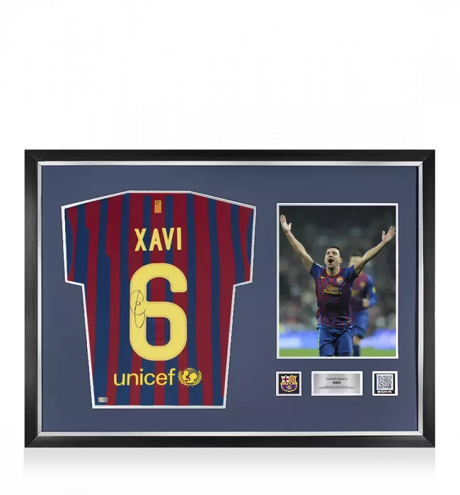 icons Xavi Official FC Barcelona Back Signed and Framed 2011-12 Home Shirt With Fan Style Number