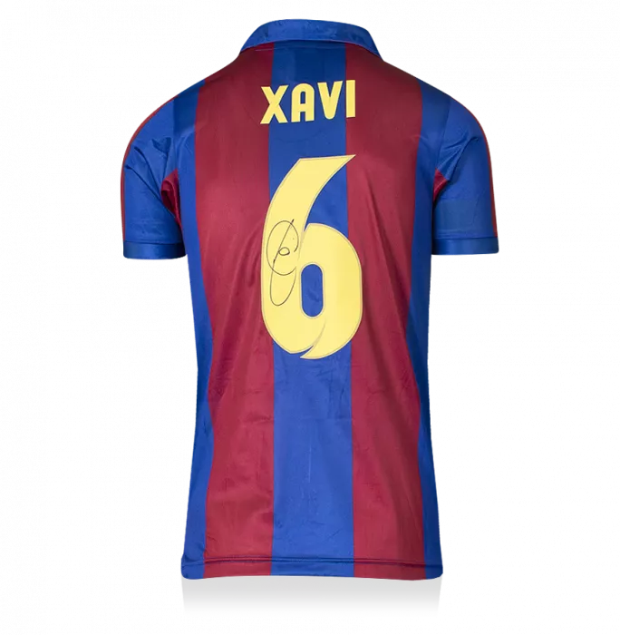 Icons Xavi Official FC Barcelona Back Signed And Framed Retro Home Shirt With Fan Style Number