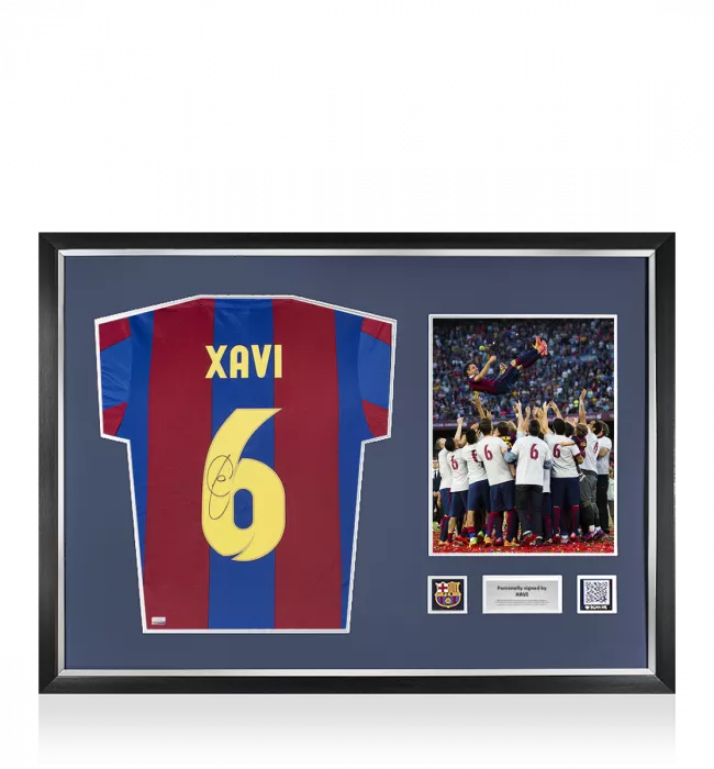 icons Xavi Official FC Barcelona Back Signed and Framed Retro Home Shirt With Fan Style Number