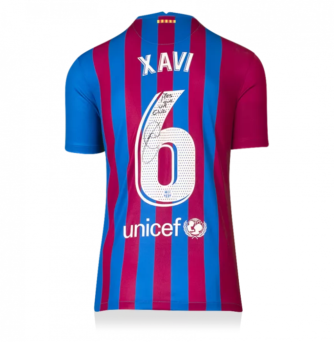 Icons Xavi Official FC Barcelona Back Signed And Framed 2021-22 Home Shirt: 'Mes Que Un Club' Special Edition
