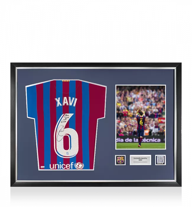 icons Xavi Official FC Barcelona Back Signed and Framed 2021-22 Home Shirt: 'Mes Que Un Club' Special Edition