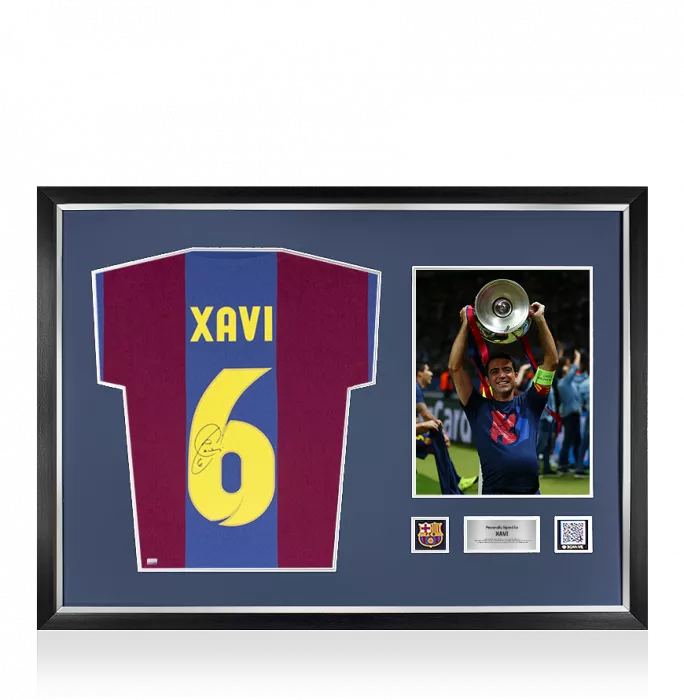 Icons Xavi Official FC Barcelona Back Signed And Framed Retro Home Shirt