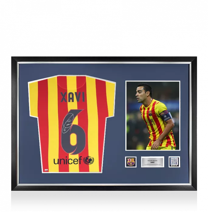 Icons Xavi Official FC Barcelona Back Signed And Framed 2013-14 Away Shirt
