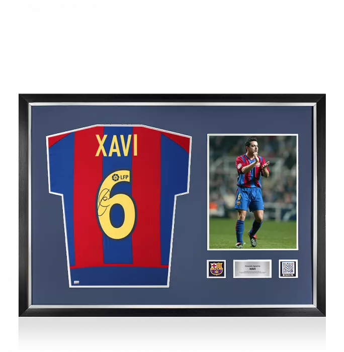 icons Xavi Official FC Barcelona Back Signed and Framed 2002-03 Home Shirt