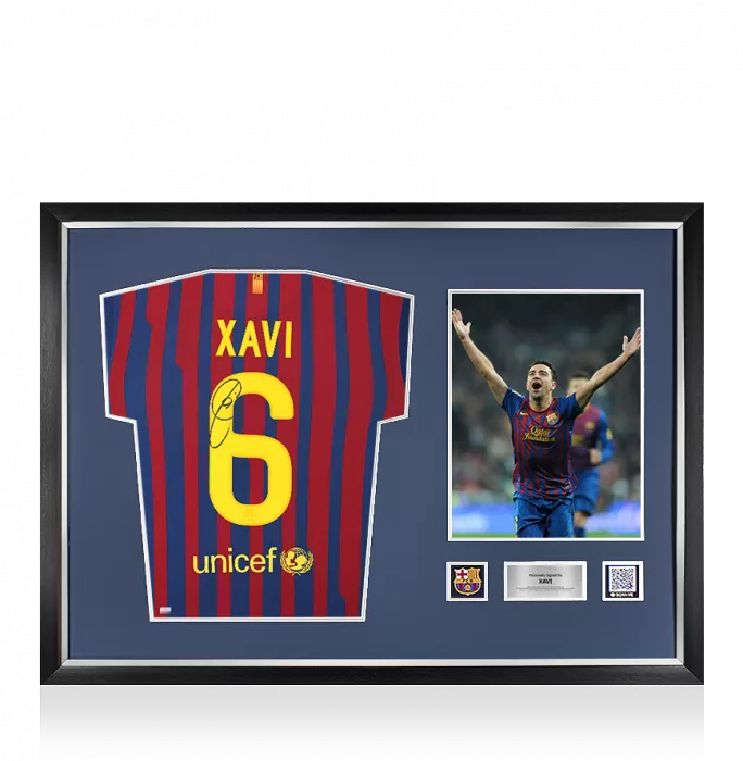 icons Xavi Official FC Barcelona Back Signed and Framed 2011-12 Home Shirt