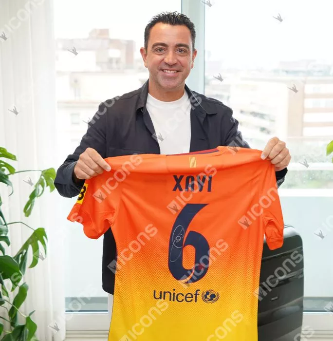 Icons Xavi Official FC Barcelona Back Signed And Framed 2012-13 Away Shirt