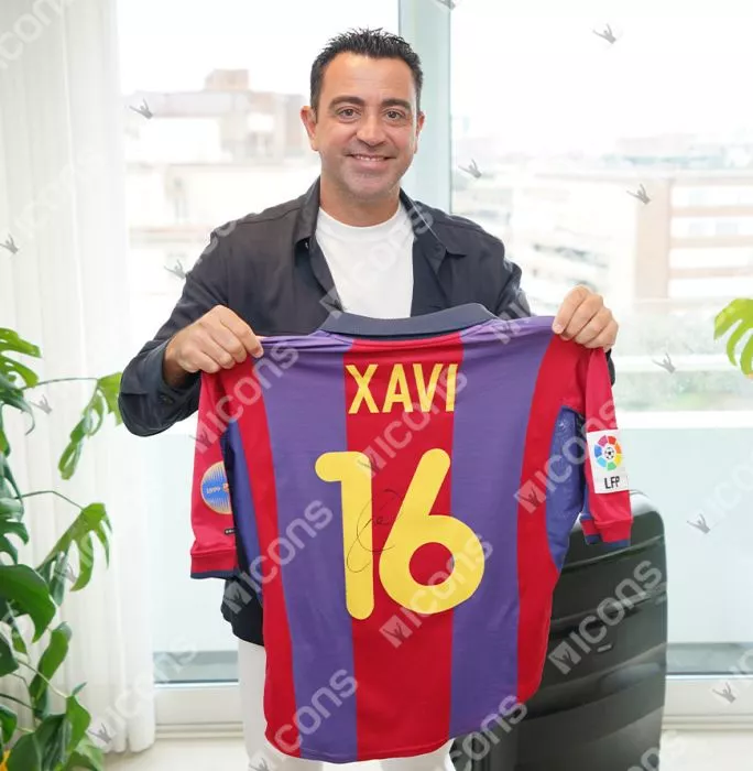 Icons Xavi Official FC Barcelona Back Signed And Framed 2000-01 Home Shirt