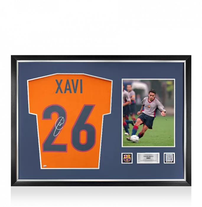 icons Xavi Official FC Barcelona Back Signed and Framed 1998-00 Third Shirt