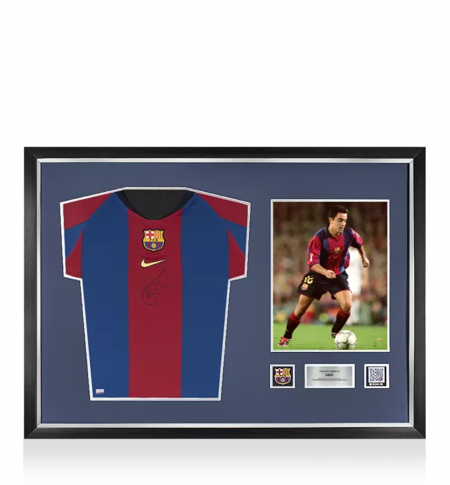 icons Xavi Official FC Barcelona Front Signed and Framed 1998 Home Shirt