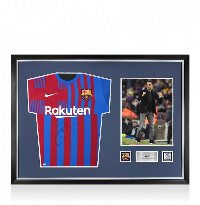 icons Xavi Official FC Barcelona Front Signed and Framed 2021-22 Home Shirt
