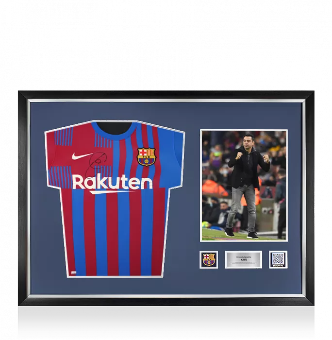 icons Xavi Official FC Barcelona Front Signed and Framed 2021-22 Home Shirt