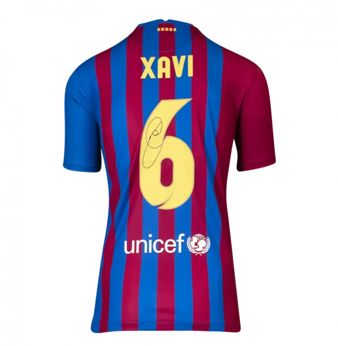 Icons Xavi Official FC Barcelona Signed And Framed 2021-22 Home Shirt With Fan Style Number