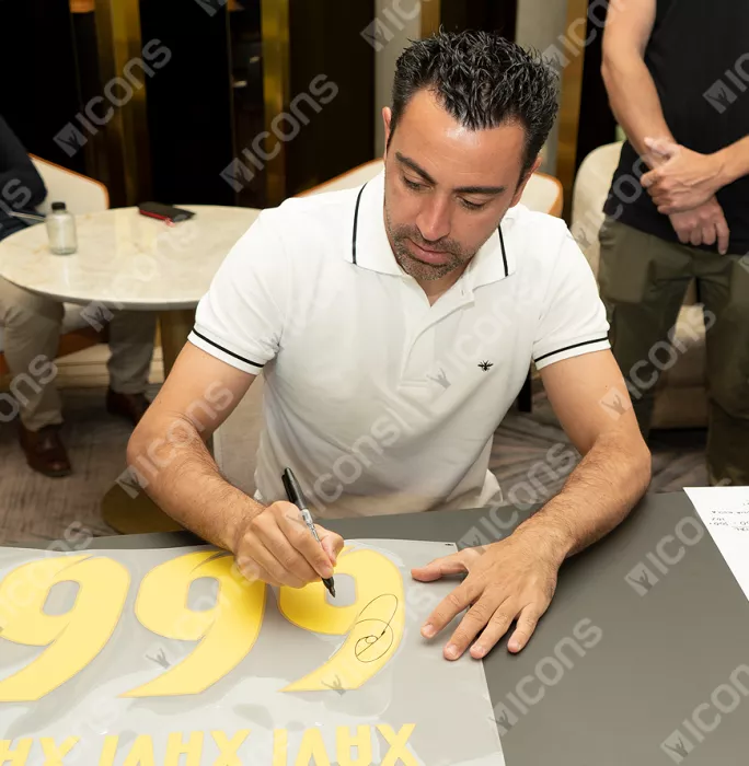 Icons Xavi Official FC Barcelona Signed And Framed 2021-22 Home Shirt With Fan Style Number