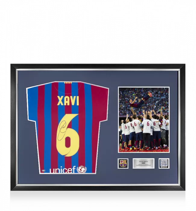 Icons Xavi Official FC Barcelona Signed And Framed 2021-22 Home Shirt With Fan Style Number
