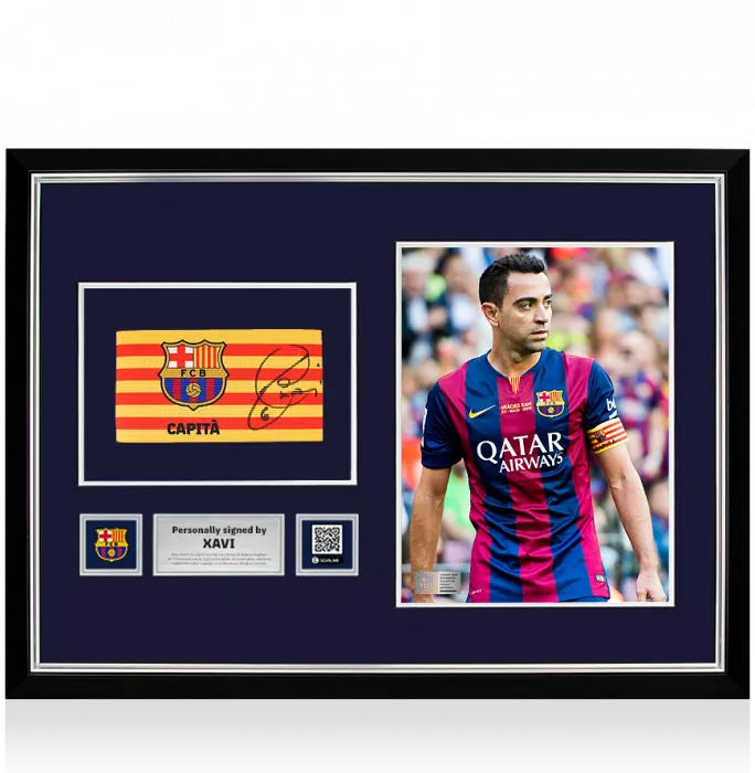 icons Xavi Official FC Barcelona Signed and Framed Captain's Armband