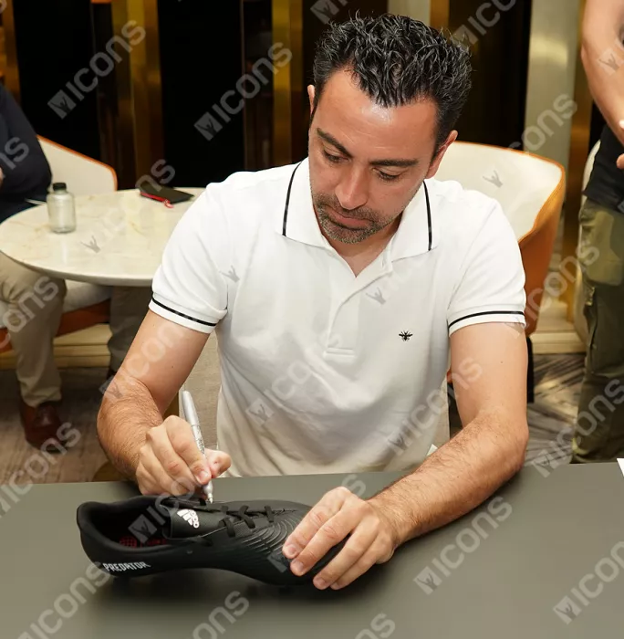 Icons Xavi Official FC Barcelona Signed Black & White Adidas Predator Boot In Acrylic Case