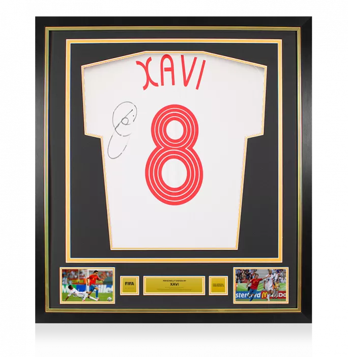 icons Xavi Official FIFA World Cup™ Back Signed and Framed Spain 2006 Away Shirt