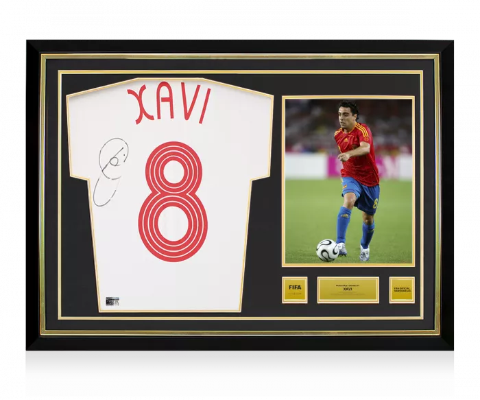 icons Xavi Official FIFA World Cup™ Back Signed and Hero Framed Spain 2006 Away Shirt