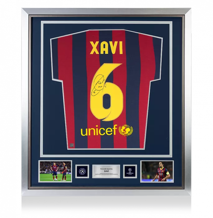 icons Xavi Official UEFA Champions League Back Signed and Framed FC Barcelona 2013-14 Home Shirt