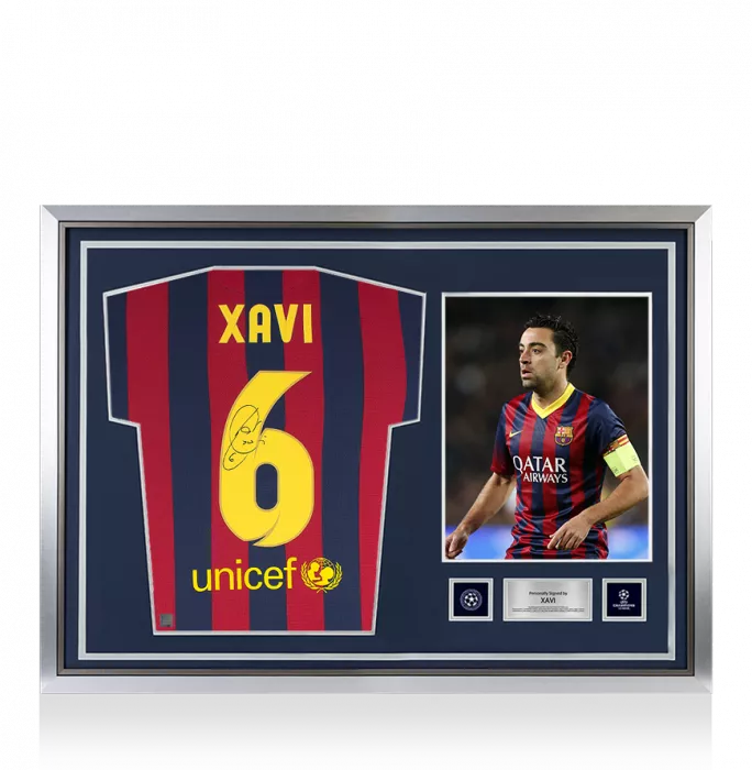 icons Xavi Official UEFA Champions League Back Signed and Hero Framed FC Barcelona 2013-14 Home Shirt