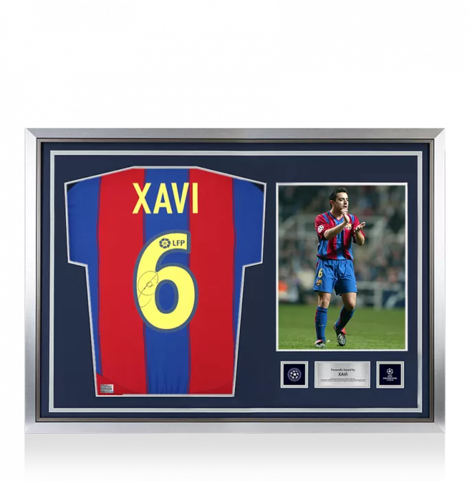 icons Xavi Official UEFA Champions League Back Signed and Hero Framed FC Barcelona 2003-04 Home Shirt