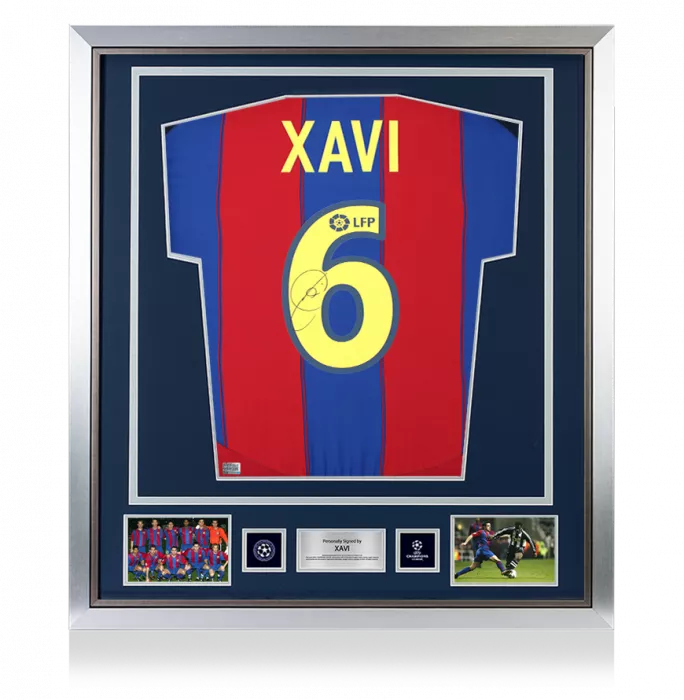 icons Xavi Official UEFA Champions League Back Signed and Framed FC Barcelona 2003-04 Home Shirt