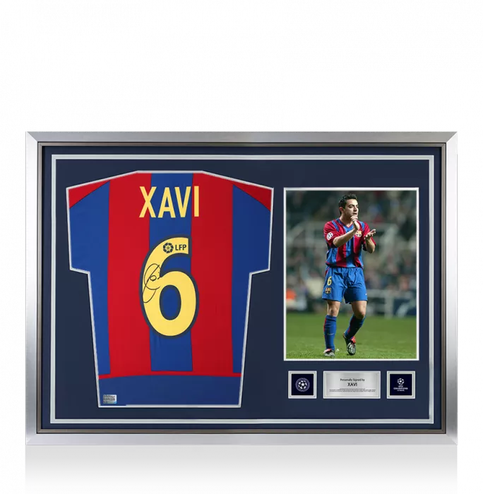 icons Xavi Official UEFA Champions League Back Signed and Hero Framed FC Barcelona 2002-03 Home Shirt