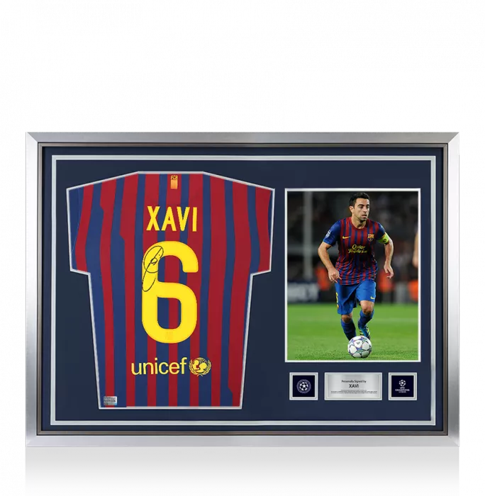 icons Xavi Official UEFA Champions League Back Signed and Hero Framed FC Barcelona 2011-12 Home Shirt