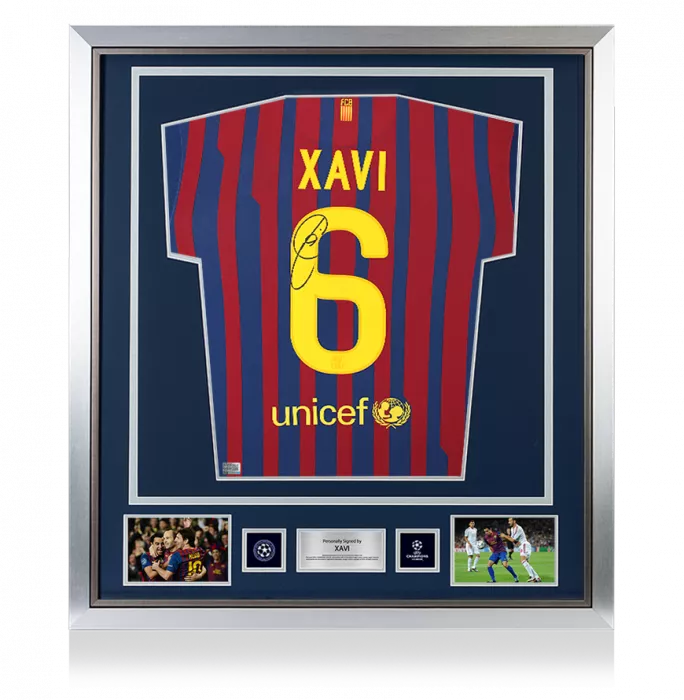icons Xavi Official UEFA Champions League Back Signed and Framed FC Barcelona 2011-12 Home Shirt